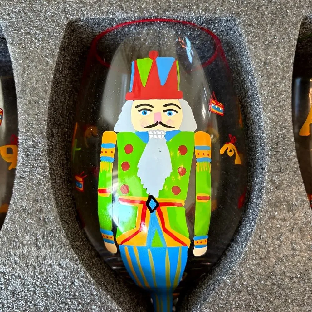 Neiman Marcus Hand Painted Nutcracker Wine Glasses 9in Set of 4 In Gift Box NEW